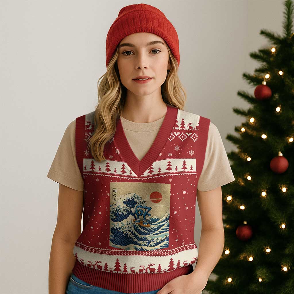 Funny Six Seven Surfing V-Neck Knit Sweater Vest The Great Wave Kanagawa Japanese 67 Brainrot Meme TS14 Red Beige Print Your Wear