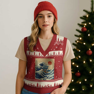 Funny Six Seven Surfing V-Neck Knit Sweater Vest The Great Wave Kanagawa Japanese 67 Brainrot Meme TS14 Red Beige Print Your Wear