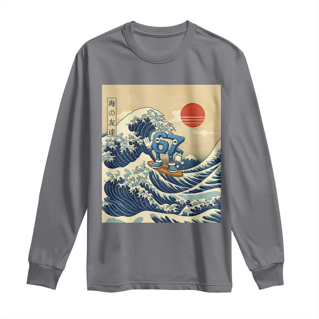 Funny Six Seven Surfing Long Sleeve Shirt The Great Wave Kanagawa Japanese 67 Brainrot Meme TS14 Charcoal Print Your Wear