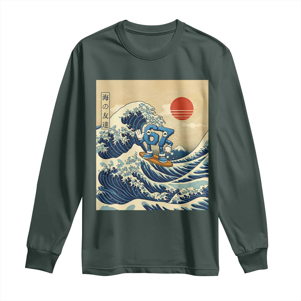 Funny Six Seven Surfing Long Sleeve Shirt The Great Wave Kanagawa Japanese 67 Brainrot Meme TS14 Dark Forest Green Print Your Wear