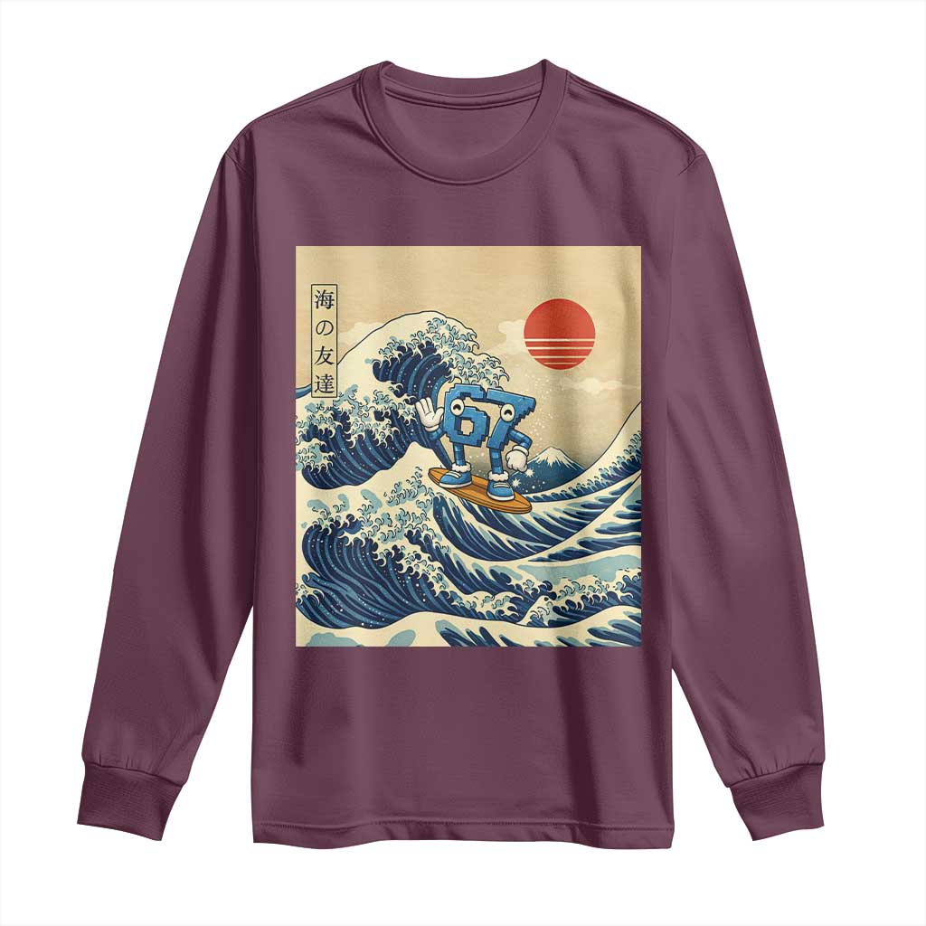 Funny Six Seven Surfing Long Sleeve Shirt The Great Wave Kanagawa Japanese 67 Brainrot Meme TS14 Maroon Print Your Wear