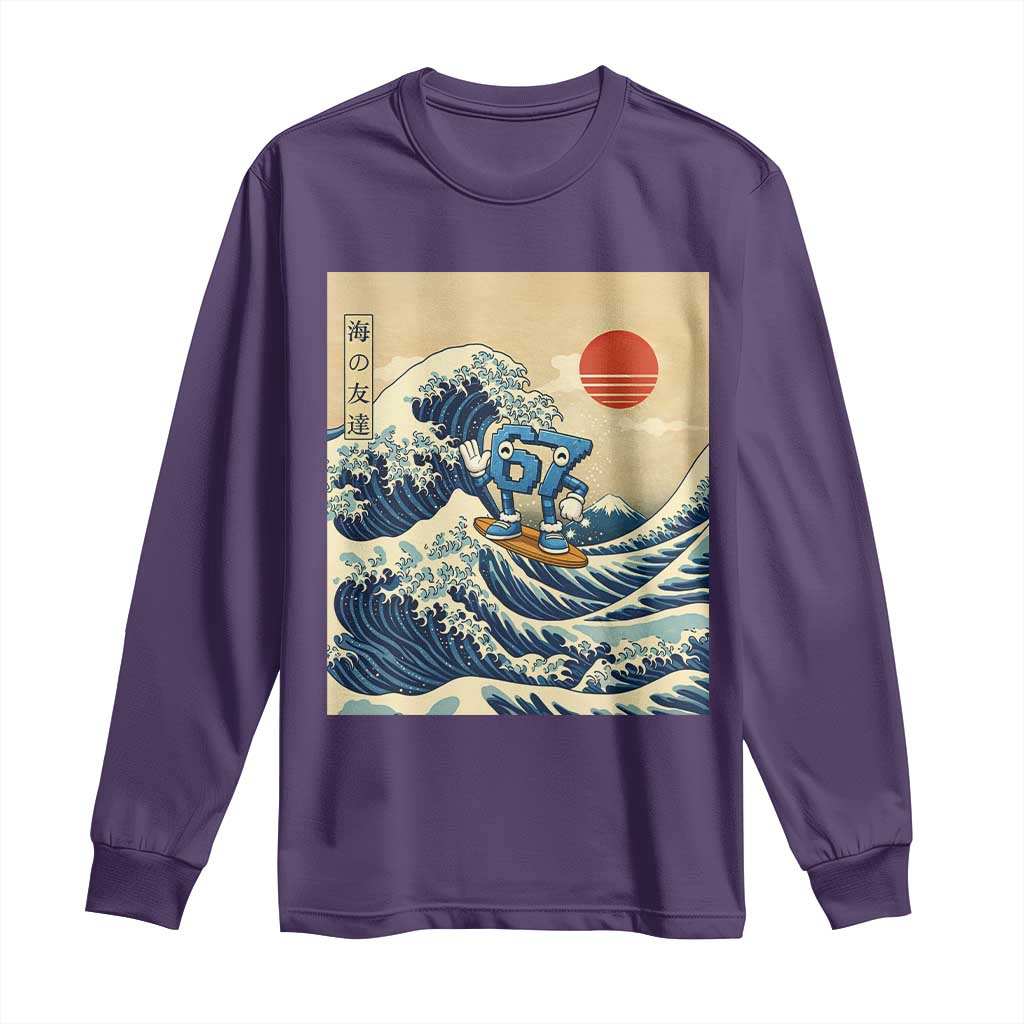 Funny Six Seven Surfing Long Sleeve Shirt The Great Wave Kanagawa Japanese 67 Brainrot Meme TS14 Purple Print Your Wear