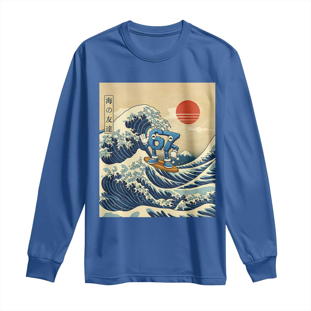 Funny Six Seven Surfing Long Sleeve Shirt The Great Wave Kanagawa Japanese 67 Brainrot Meme TS14 Royal Blue Print Your Wear