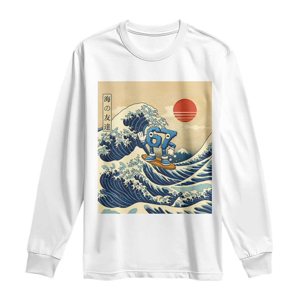 Funny Six Seven Surfing Long Sleeve Shirt The Great Wave Kanagawa Japanese 67 Brainrot Meme TS14 White Print Your Wear