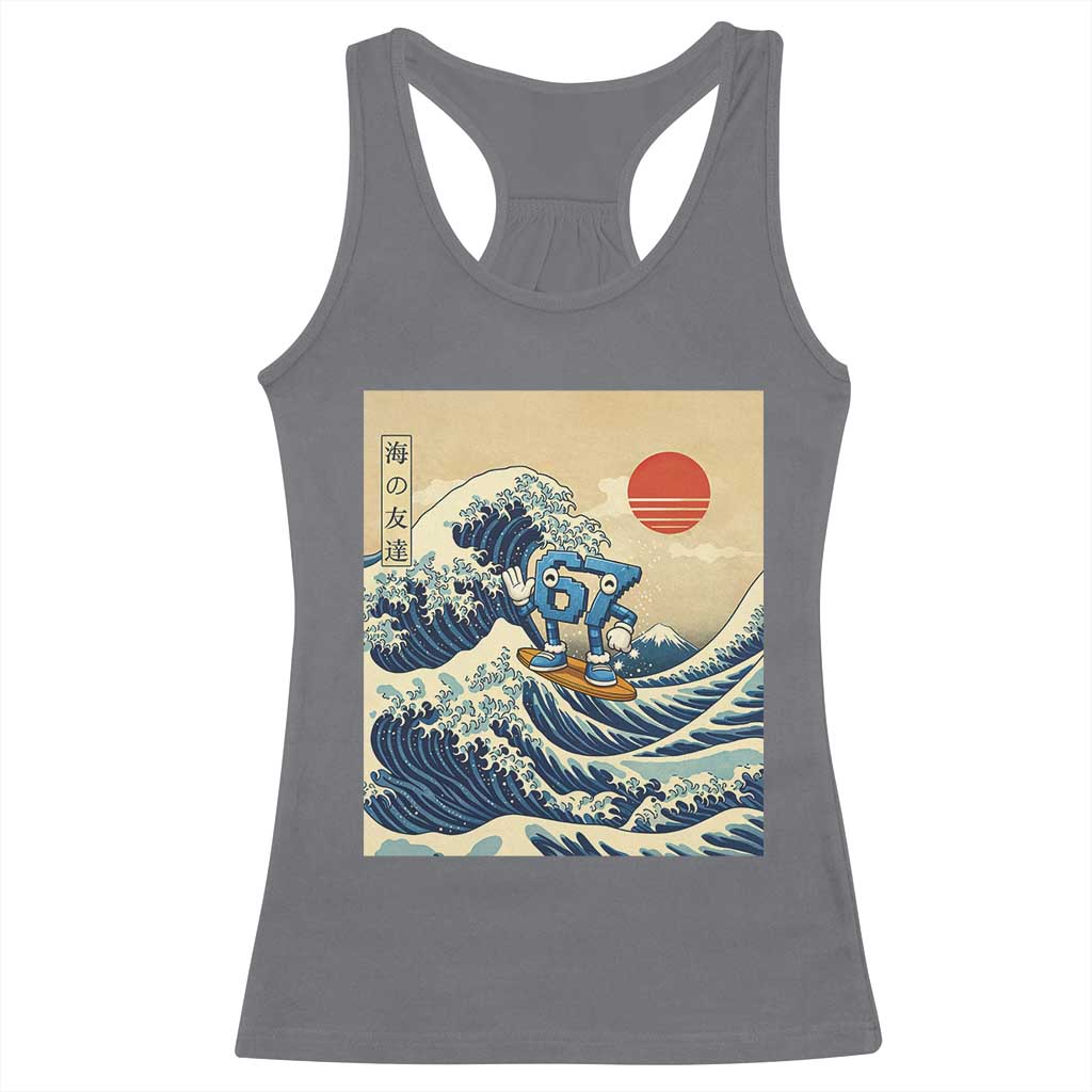 Funny Six Seven Surfing Racerback Tank Top The Great Wave Kanagawa Japanese 67 Brainrot Meme TS14 Charcoal Print Your Wear
