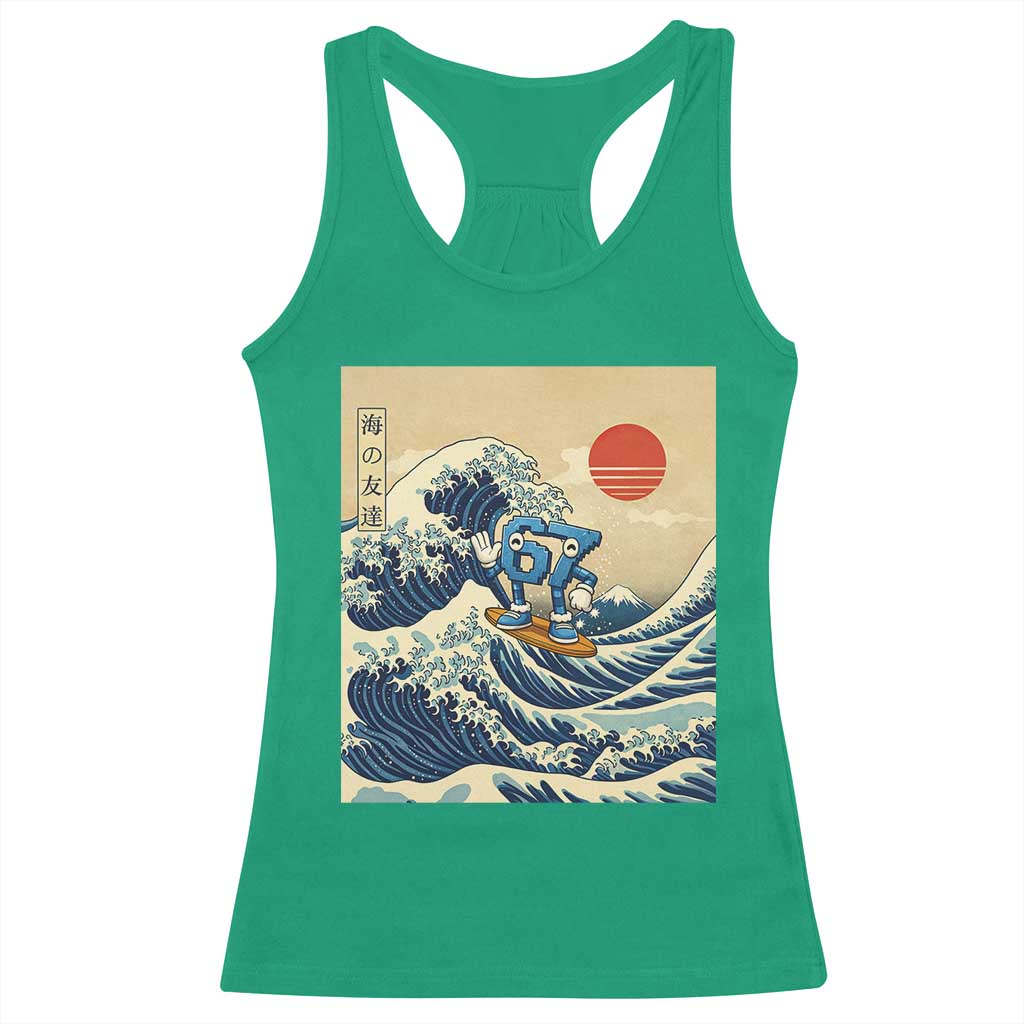Funny Six Seven Surfing Racerback Tank Top The Great Wave Kanagawa Japanese 67 Brainrot Meme TS14 Irish Green Print Your Wear