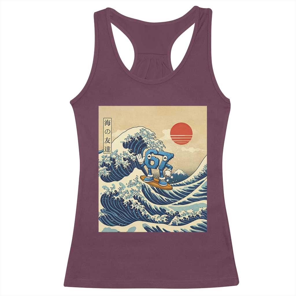Funny Six Seven Surfing Racerback Tank Top The Great Wave Kanagawa Japanese 67 Brainrot Meme TS14 Maroon Print Your Wear