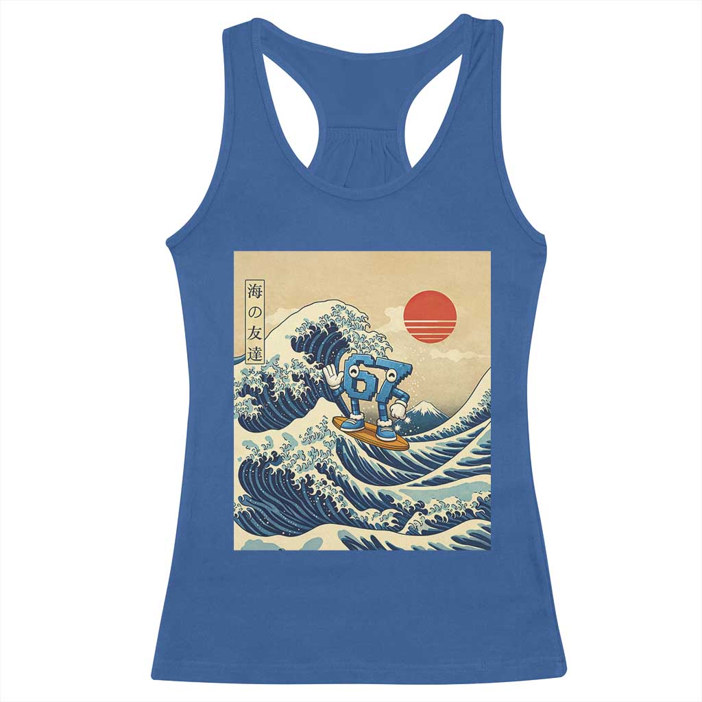 Funny Six Seven Surfing Racerback Tank Top The Great Wave Kanagawa Japanese 67 Brainrot Meme TS14 Royal Blue Print Your Wear