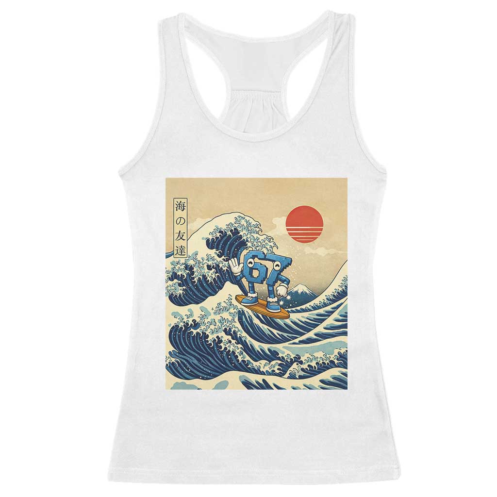 Funny Six Seven Surfing Racerback Tank Top The Great Wave Kanagawa Japanese 67 Brainrot Meme TS14 White Print Your Wear