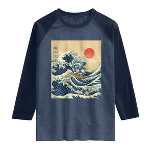 Funny Six Seven Surfing Raglan Shirt The Great Wave Kanagawa Japanese 67 Brainrot Meme TS14 Heather Denim Navy Print Your Wear