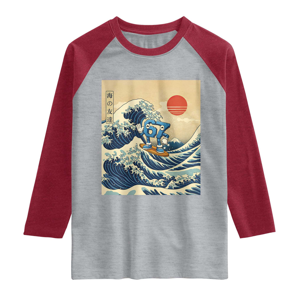 Funny Six Seven Surfing Raglan Shirt The Great Wave Kanagawa Japanese 67 Brainrot Meme TS14 Heather Gray Heather Red Print Your Wear