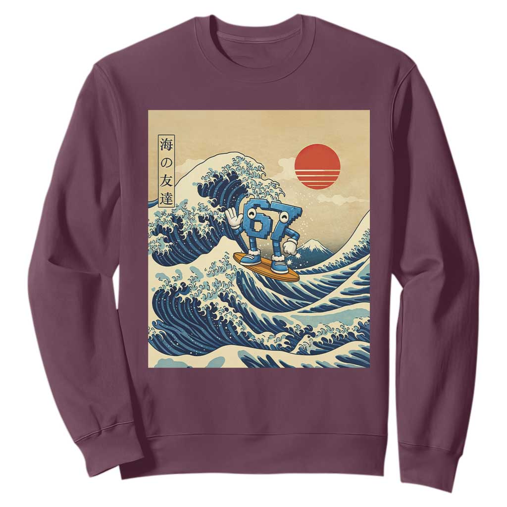 Funny Six Seven Surfing Sweatshirt The Great Wave Kanagawa Japanese 67 Brainrot Meme TS14 Maroon Print Your Wear