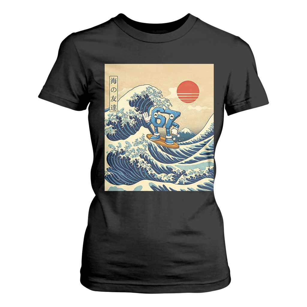 Funny Six Seven Surfing T Shirt For Women The Great Wave Kanagawa Japanese 67 Brainrot Meme TS14 Black Print Your Wear