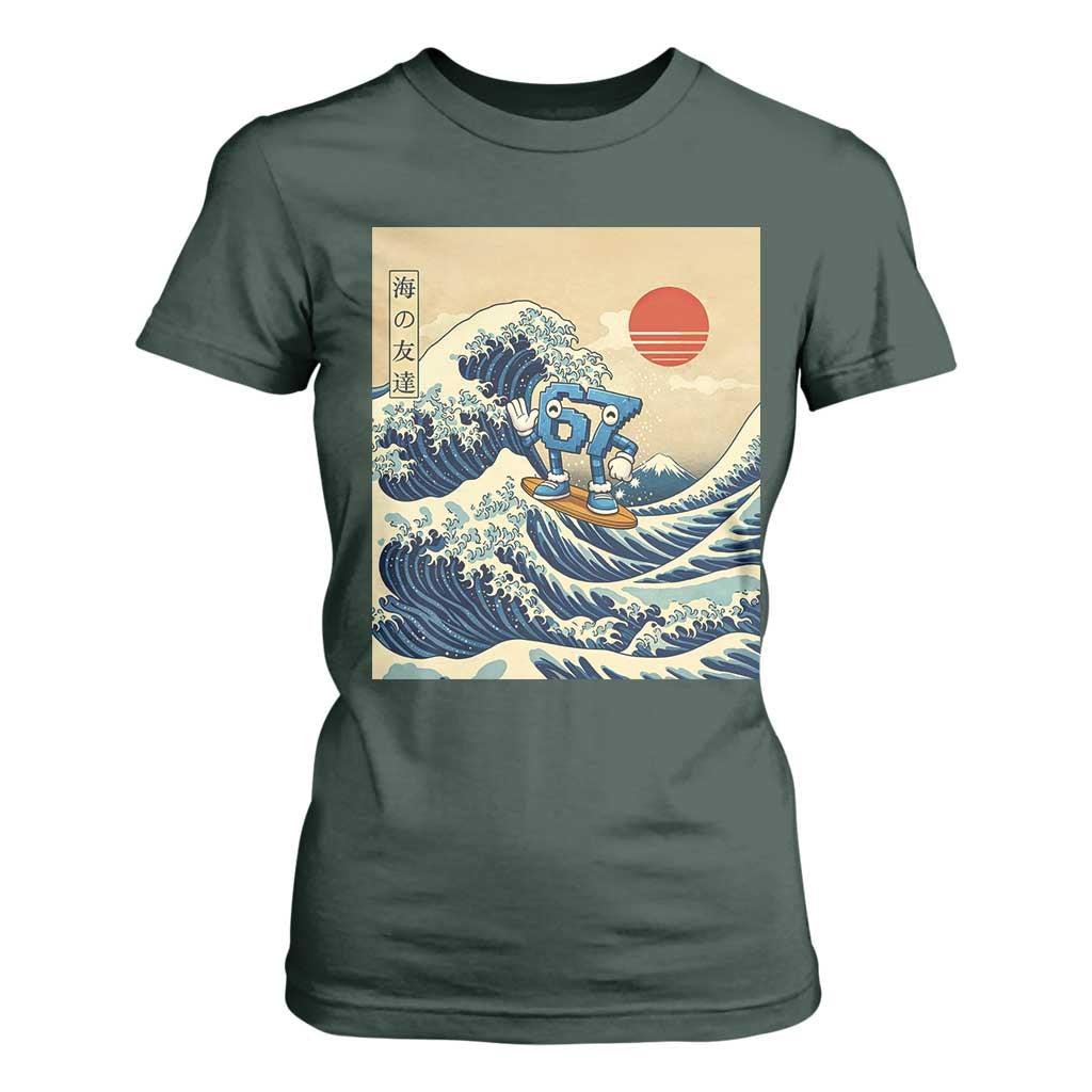 Funny Six Seven Surfing T Shirt For Women The Great Wave Kanagawa Japanese 67 Brainrot Meme TS14 Dark Forest Green Print Your Wear