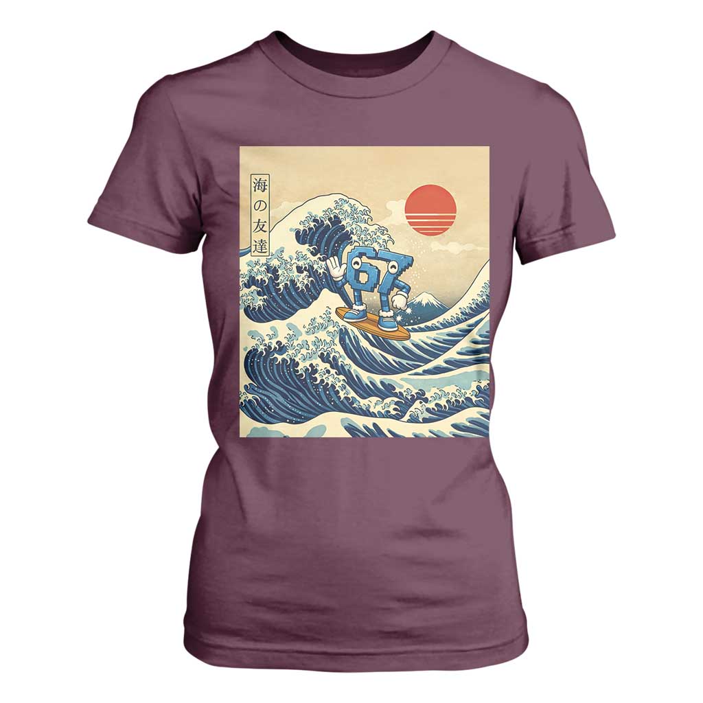 Funny Six Seven Surfing T Shirt For Women The Great Wave Kanagawa Japanese 67 Brainrot Meme TS14 Maroon Print Your Wear