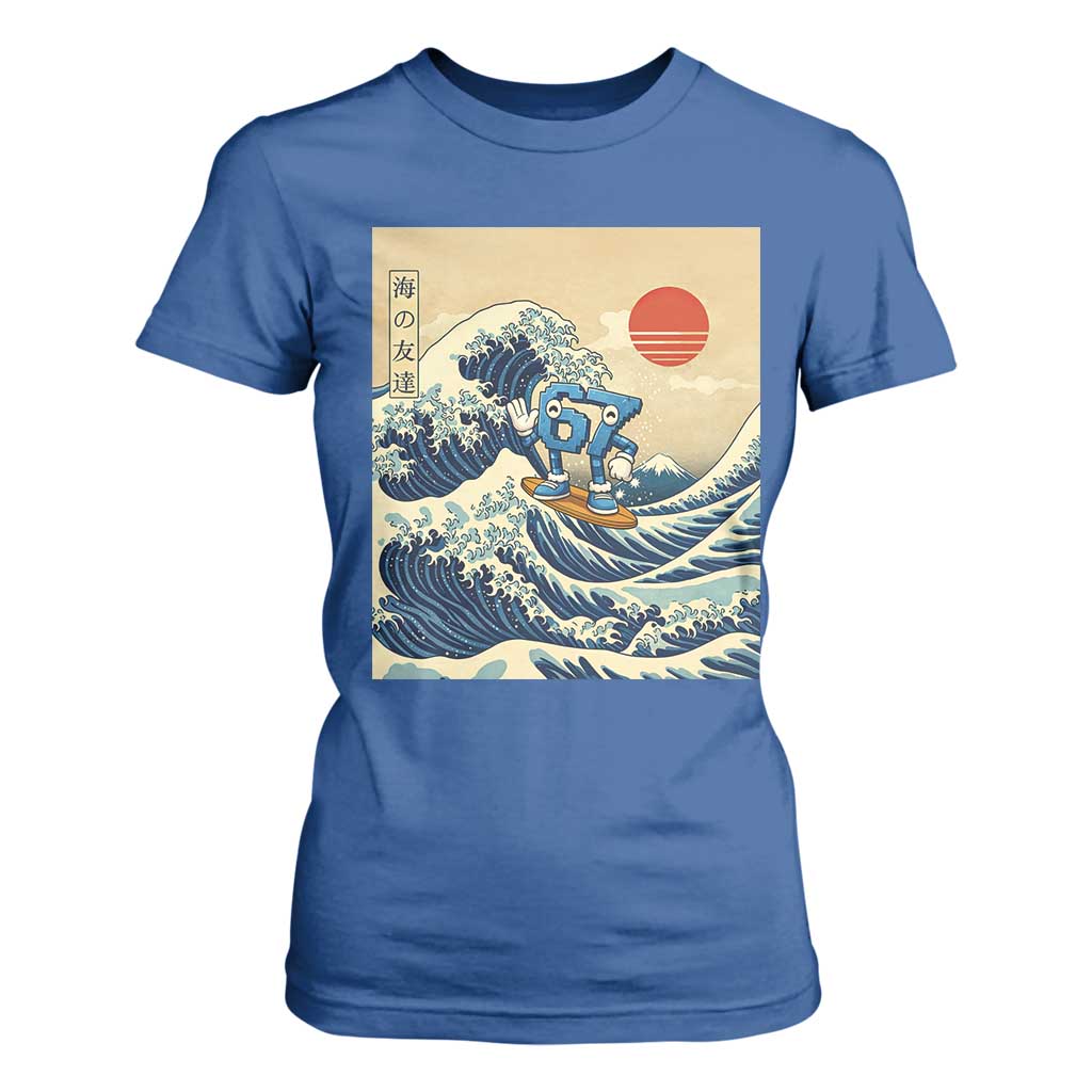 Funny Six Seven Surfing T Shirt For Women The Great Wave Kanagawa Japanese 67 Brainrot Meme TS14 Royal Blue Print Your Wear