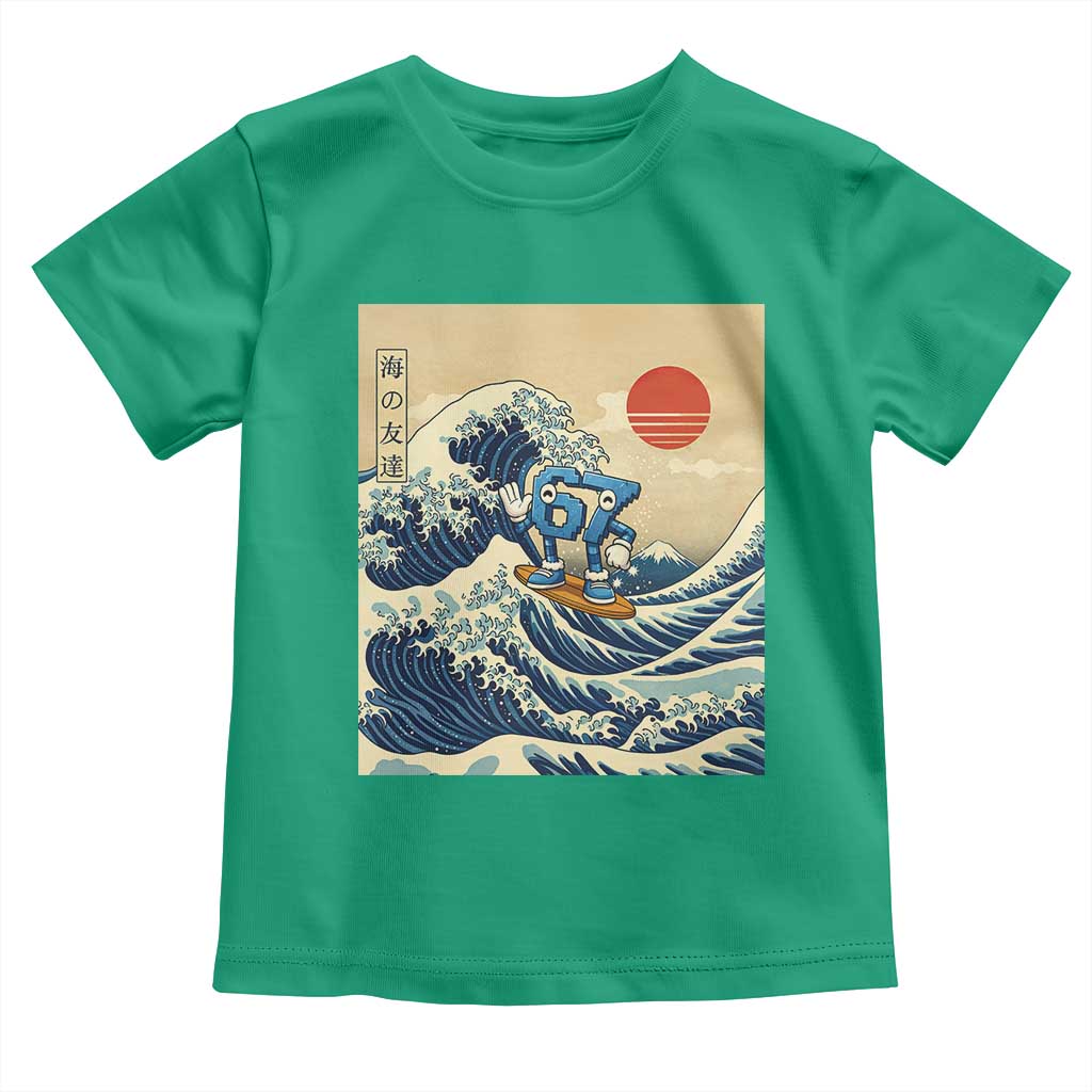 Funny Six Seven Surfing Toddler T Shirt The Great Wave Kanagawa Japanese 67 Brainrot Meme TS14 Irish Green Print Your Wear