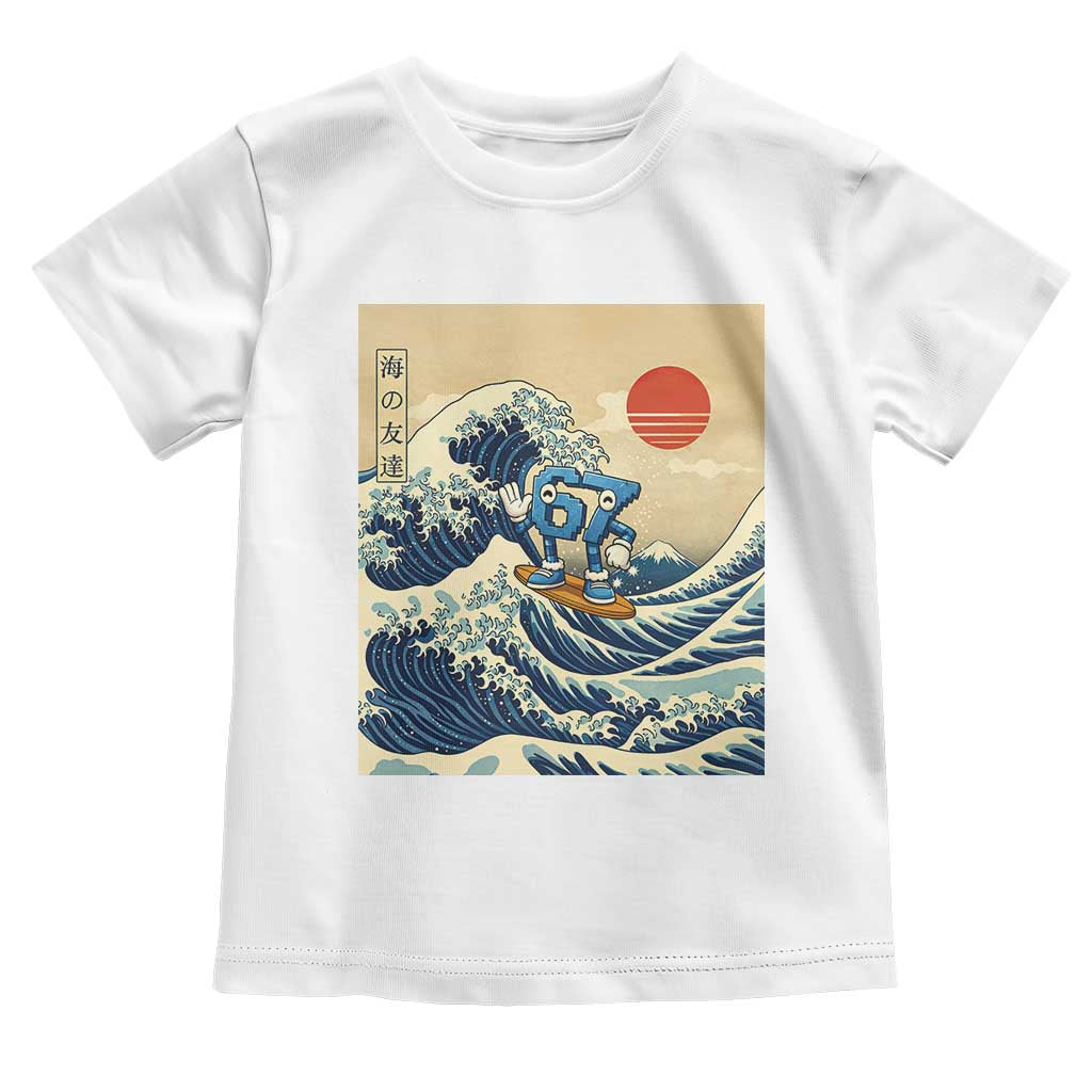 Funny Six Seven Surfing Toddler T Shirt The Great Wave Kanagawa Japanese 67 Brainrot Meme TS14 White Print Your Wear