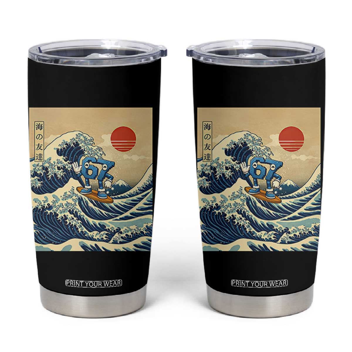 Funny Six Seven Surfing Tumbler Cup The Great Wave Kanagawa Japanese 67 Brainrot Meme TS14 Black Print Your Wear