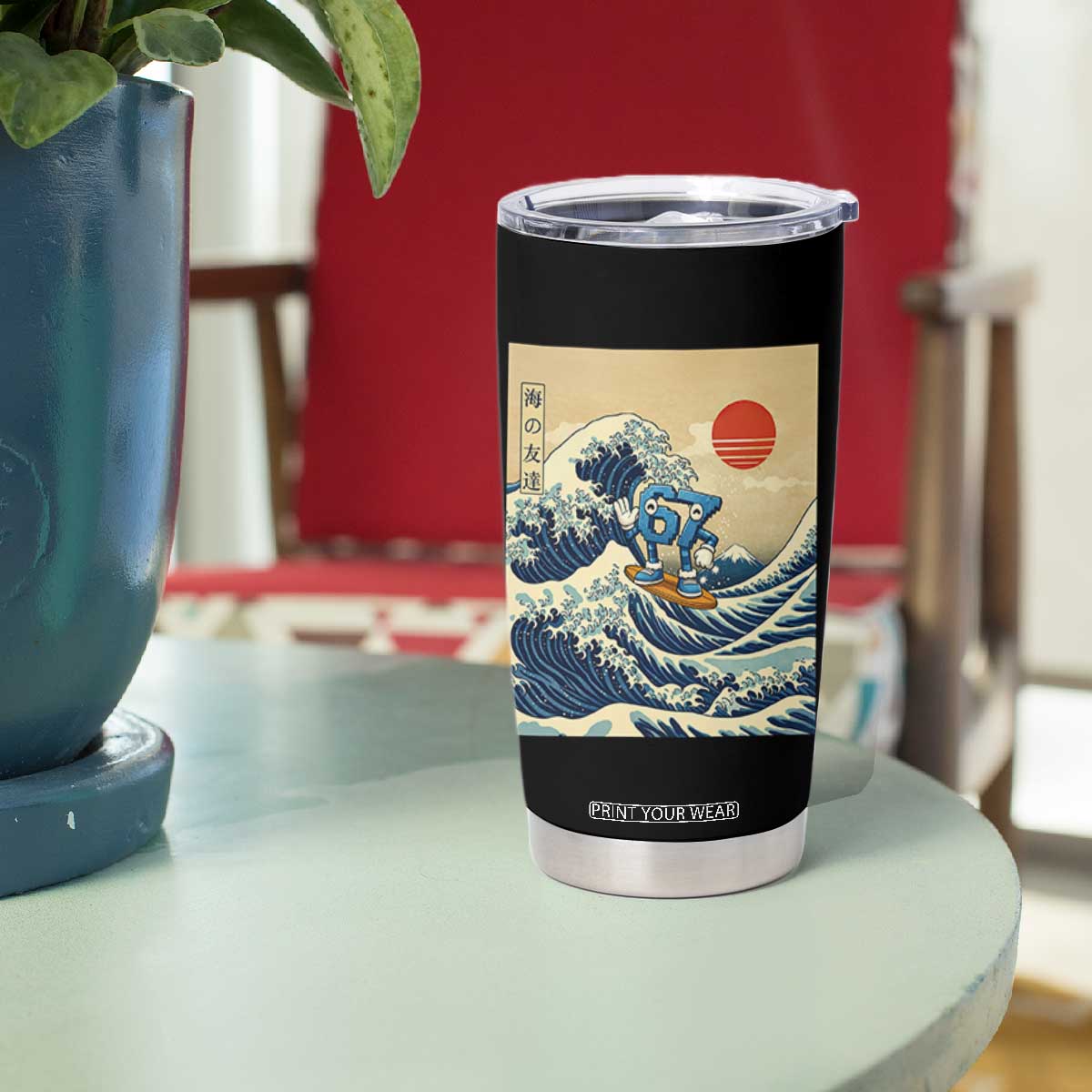 Funny Six Seven Surfing Tumbler Cup The Great Wave Kanagawa Japanese 67 Brainrot Meme TS14 Print Your Wear