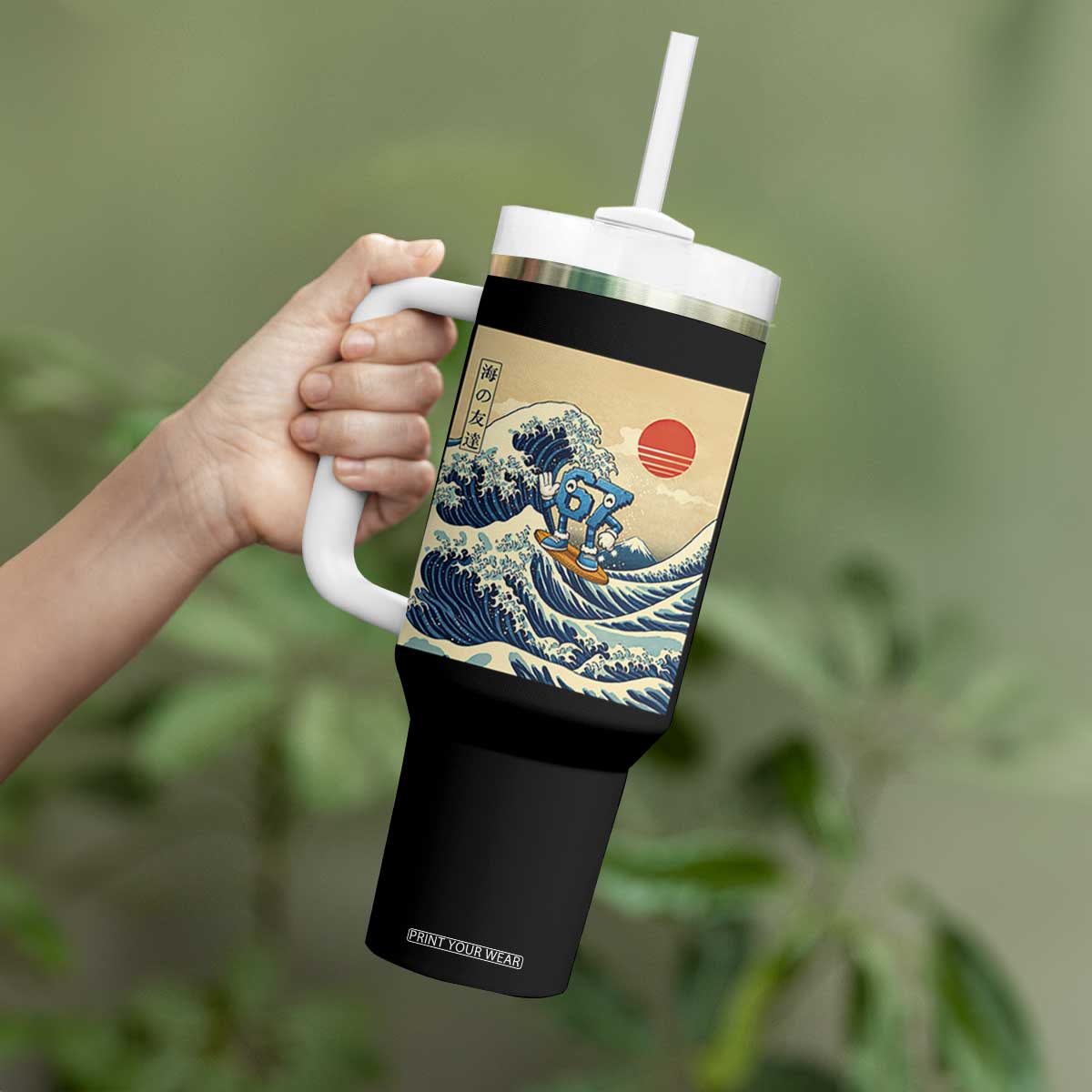 Funny Six Seven Surfing Tumbler With Handle The Great Wave Kanagawa Japanese 67 Brainrot Meme TS14 Print Your Wear