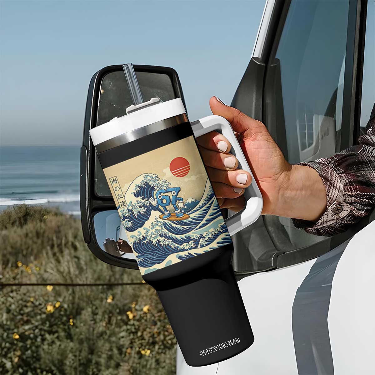 Funny Six Seven Surfing Tumbler With Handle The Great Wave Kanagawa Japanese 67 Brainrot Meme TS14 Print Your Wear