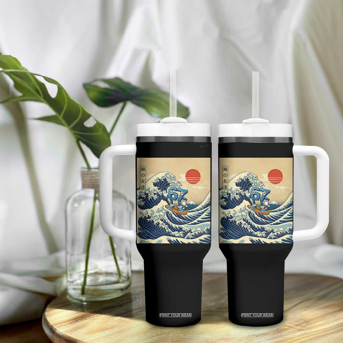 Funny Six Seven Surfing Tumbler With Handle The Great Wave Kanagawa Japanese 67 Brainrot Meme TS14 Print Your Wear