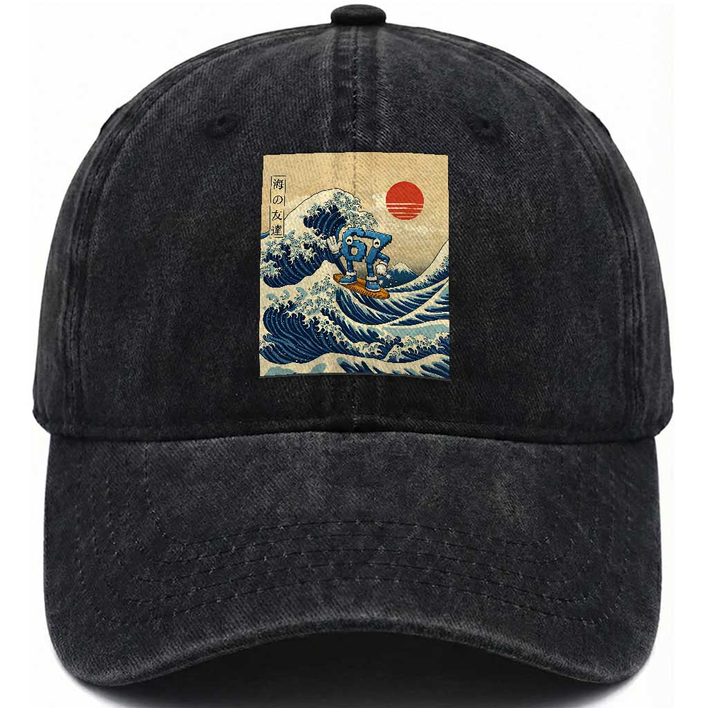 Funny Six Seven Surfing Washed Cotton Baseball Cap The Great Wave Kanagawa Japanese 67 Brainrot Meme TS14 Print Your Wear