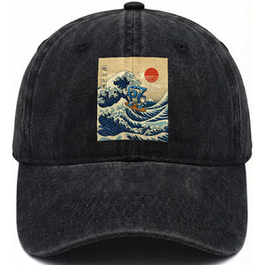 Funny Six Seven Surfing Washed Cotton Baseball Cap The Great Wave Kanagawa Japanese 67 Brainrot Meme TS14 Print Your Wear