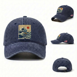 Funny Six Seven Surfing Washed Cotton Baseball Cap The Great Wave Kanagawa Japanese 67 Brainrot Meme TS14 Washed Cap Universal Fit Navy Print Your Wear