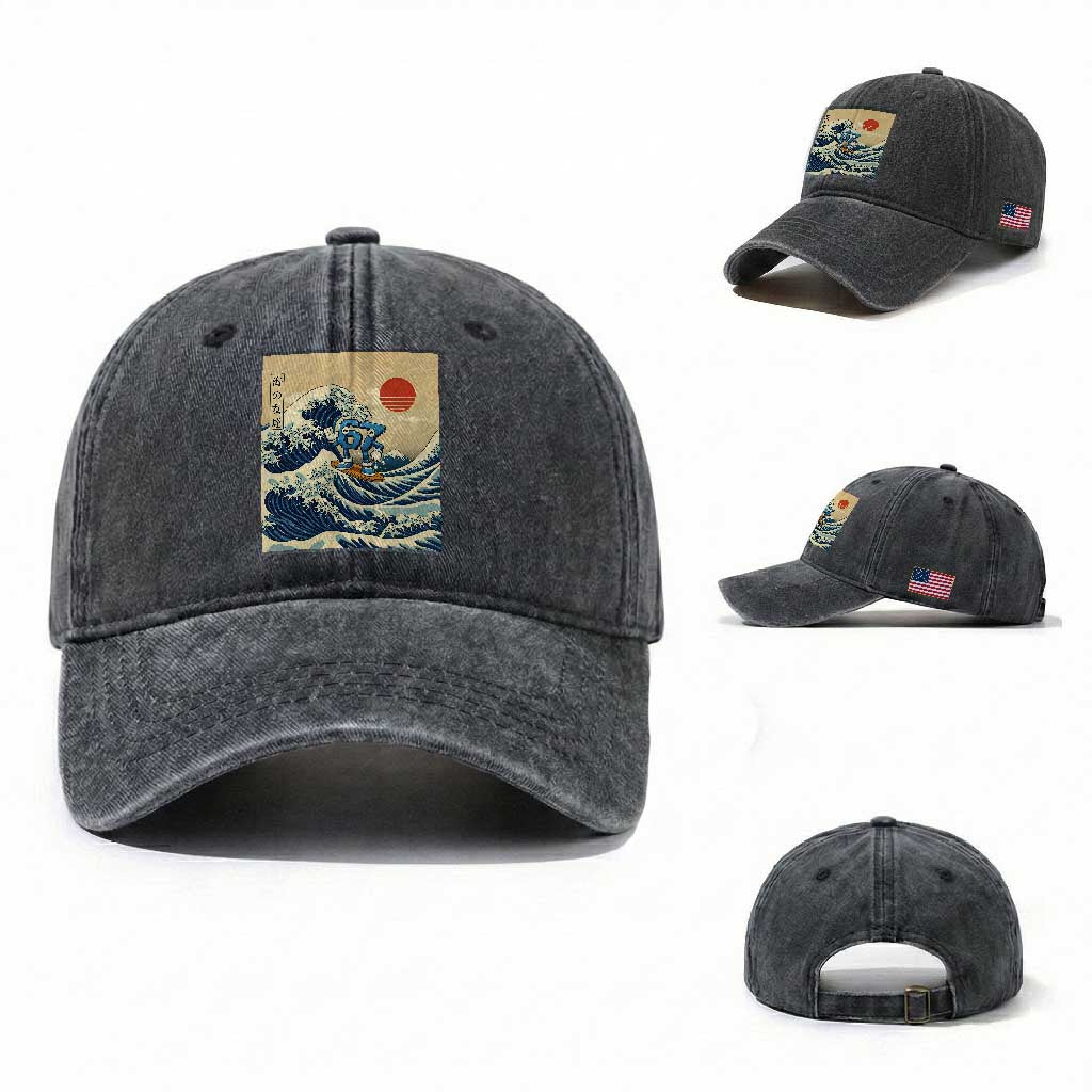 Funny Six Seven Surfing Washed Cotton Baseball Cap The Great Wave Kanagawa Japanese 67 Brainrot Meme TS14 Washed Cap Universal Fit Dark Gray Print Your Wear
