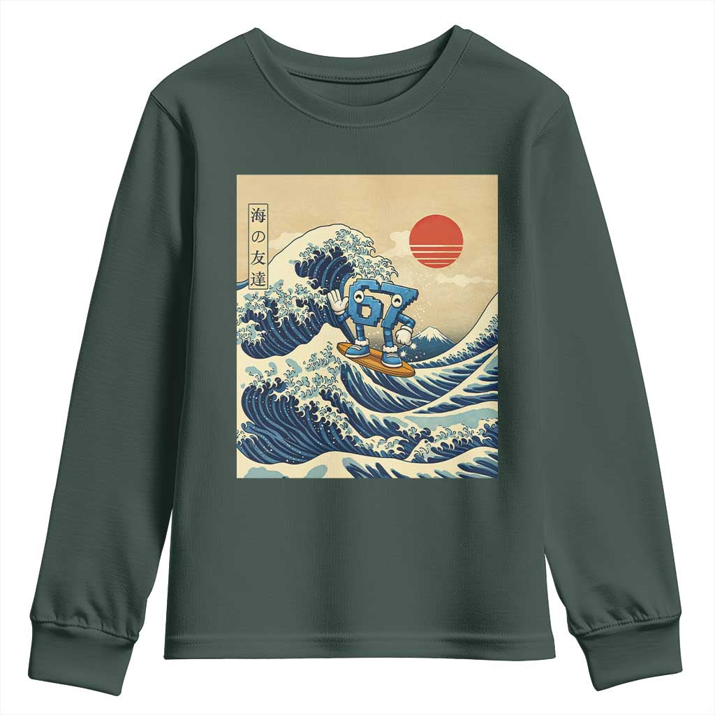 Funny Six Seven Surfing Youth Sweatshirt The Great Wave Kanagawa Japanese 67 Brainrot Meme TS14 Dark Forest Green Print Your Wear