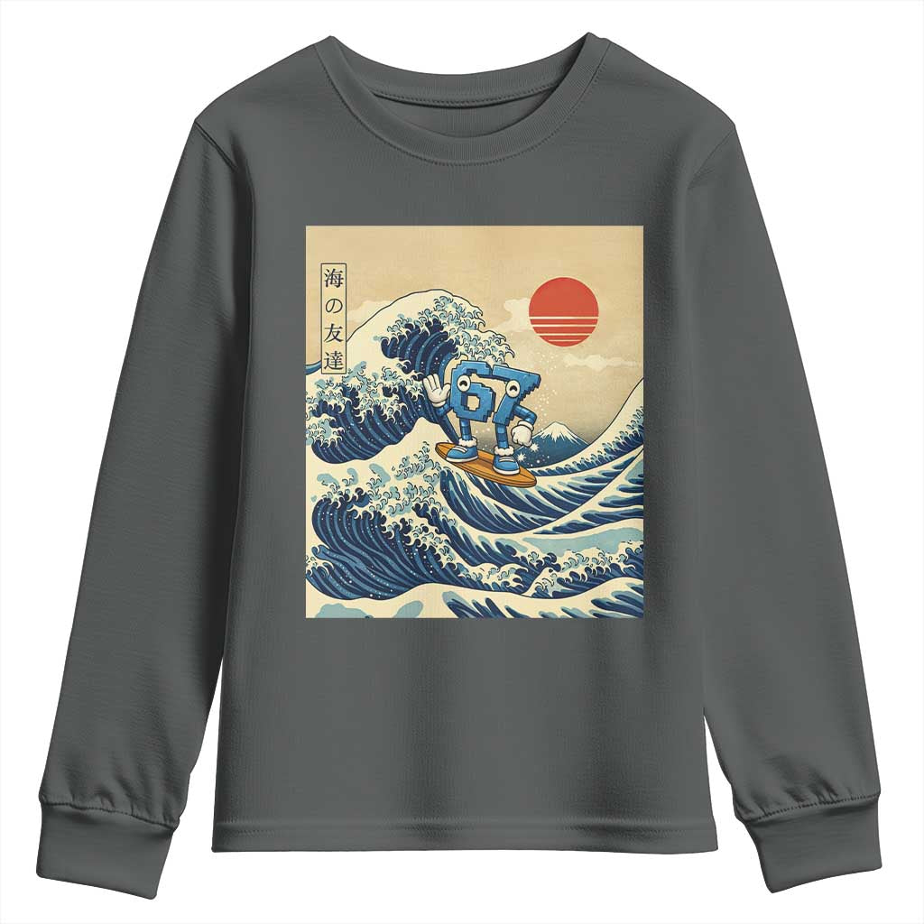 Funny Six Seven Surfing Youth Sweatshirt The Great Wave Kanagawa Japanese 67 Brainrot Meme TS14 Dark Heather Print Your Wear