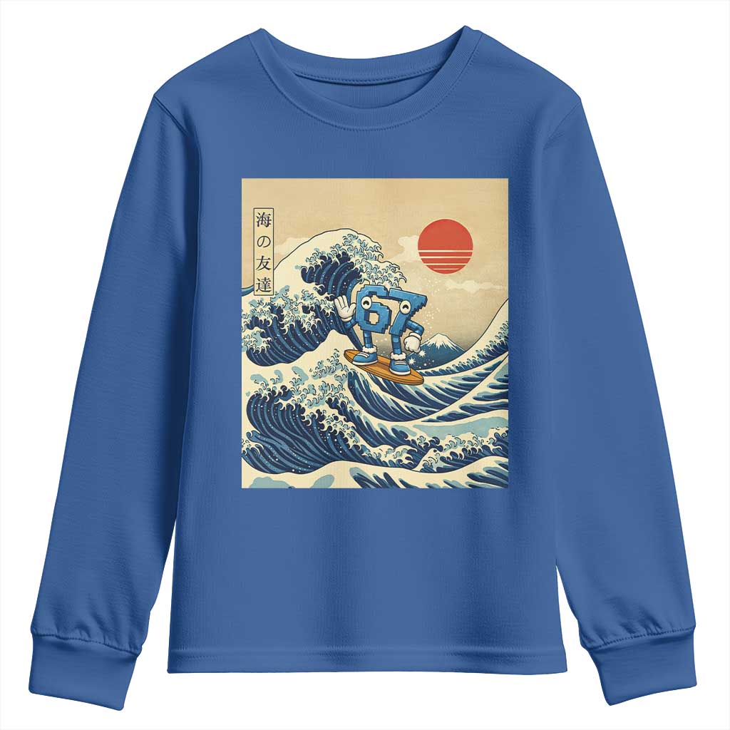 Funny Six Seven Surfing Youth Sweatshirt The Great Wave Kanagawa Japanese 67 Brainrot Meme TS14 Royal Blue Print Your Wear