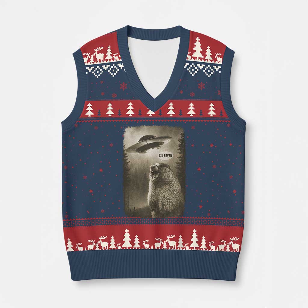 Funny Six Seven V-Neck Knit Sweater Vest Screaming Groundhog UFO Meme TS14 Navy Red Print Your Wear