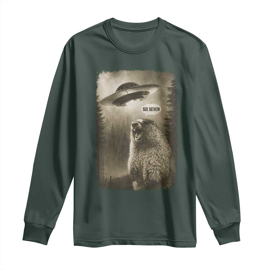 Funny Six Seven Long Sleeve Shirt Screaming Groundhog UFO Meme TS14 Dark Forest Green Print Your Wear