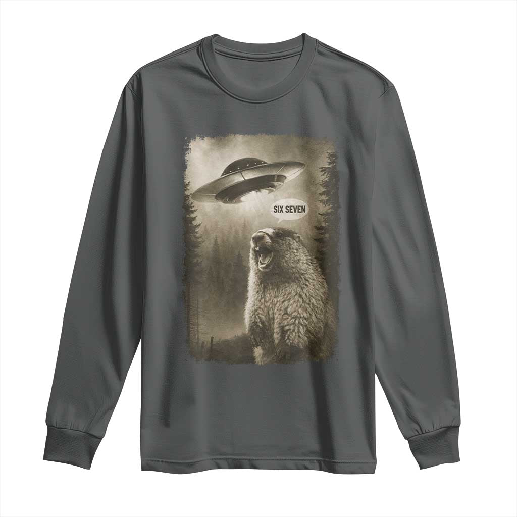 Funny Six Seven Long Sleeve Shirt Screaming Groundhog UFO Meme TS14 Dark Heather Print Your Wear