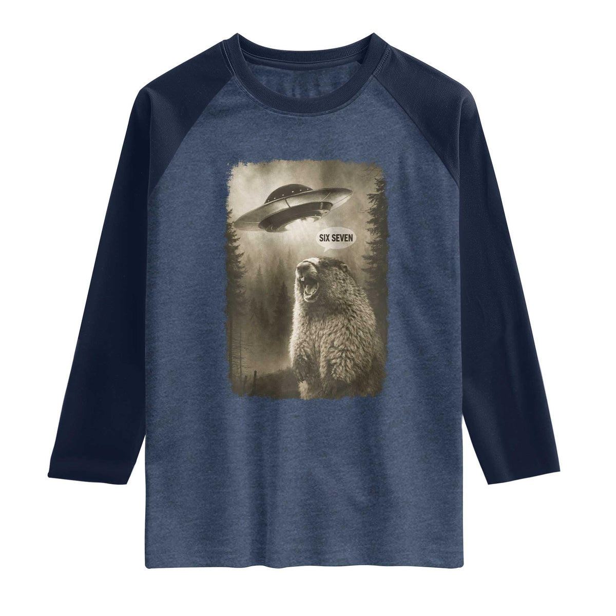 Funny Six Seven Raglan Shirt Screaming Groundhog UFO Meme TS14 Heather Denim Navy Print Your Wear