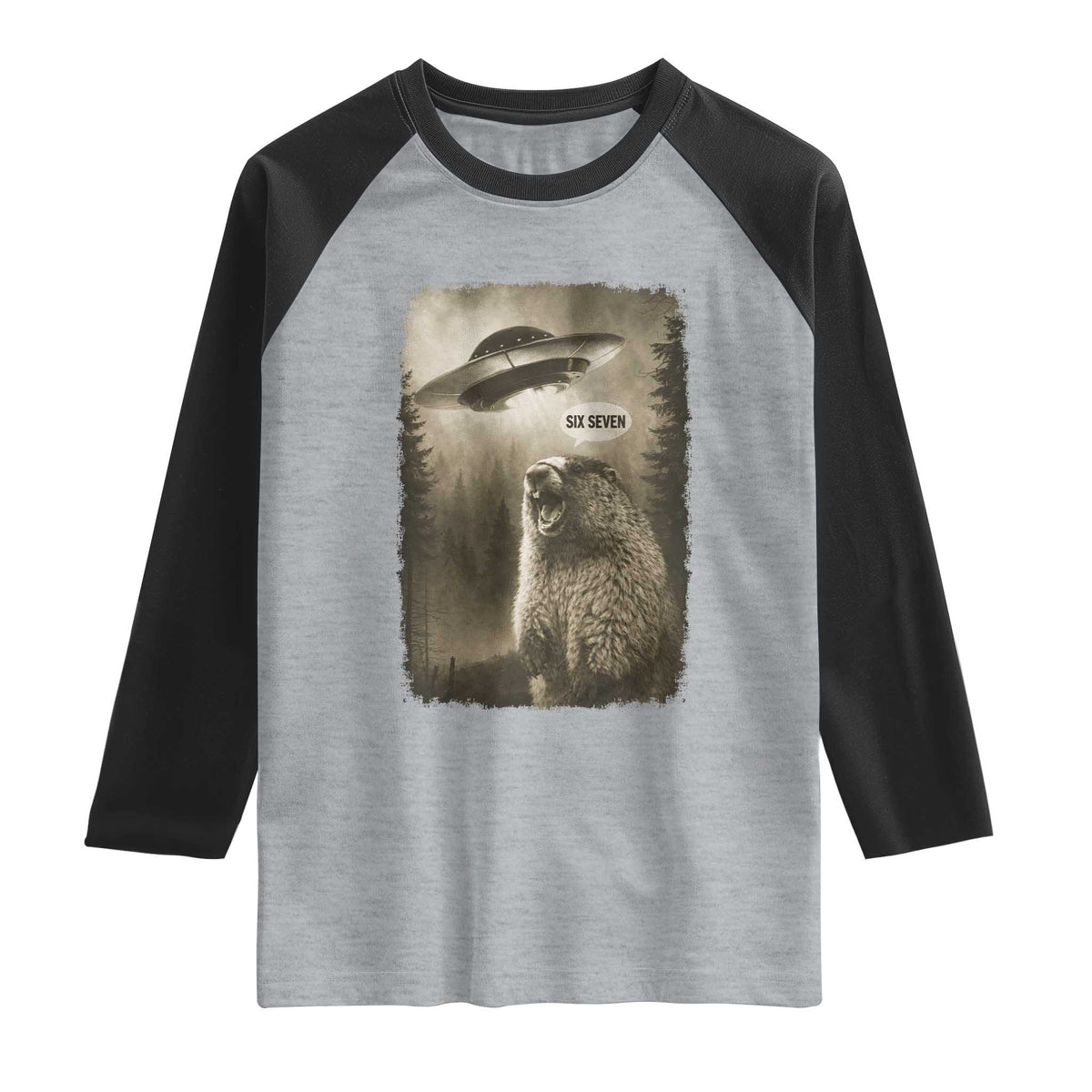 Funny Six Seven Raglan Shirt Screaming Groundhog UFO Meme TS14 Heather Gray Black Print Your Wear