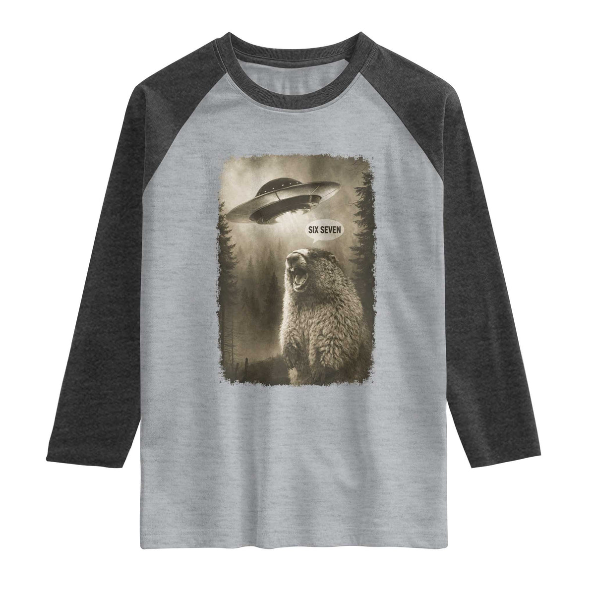 Funny Six Seven Raglan Shirt Screaming Groundhog UFO Meme TS14 Heather Gray Heather Charcoal Print Your Wear