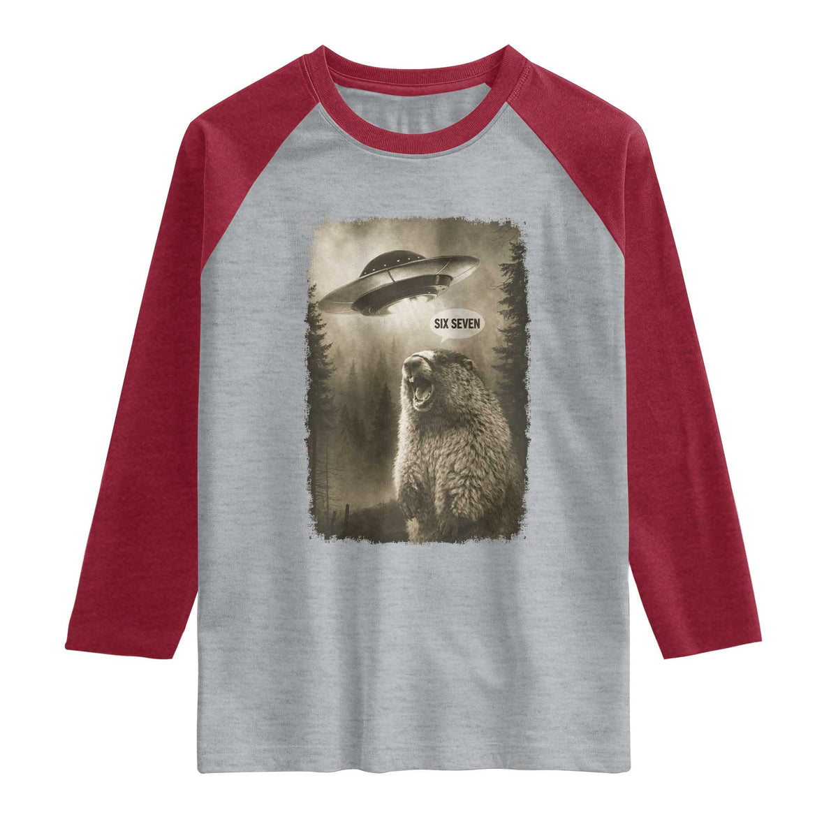 Funny Six Seven Raglan Shirt Screaming Groundhog UFO Meme TS14 Heather Gray Heather Red Print Your Wear