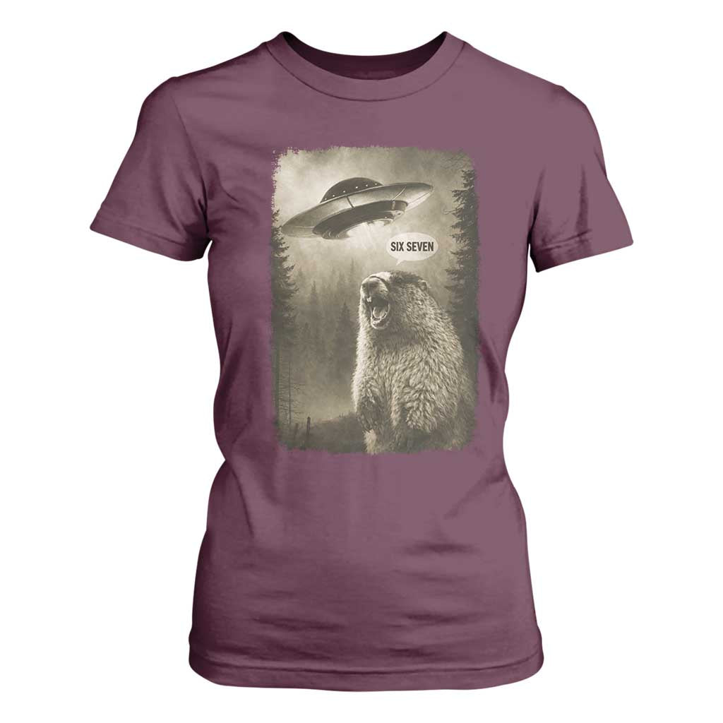 Funny Six Seven T Shirt For Women Screaming Groundhog UFO Meme TS14 Maroon Print Your Wear