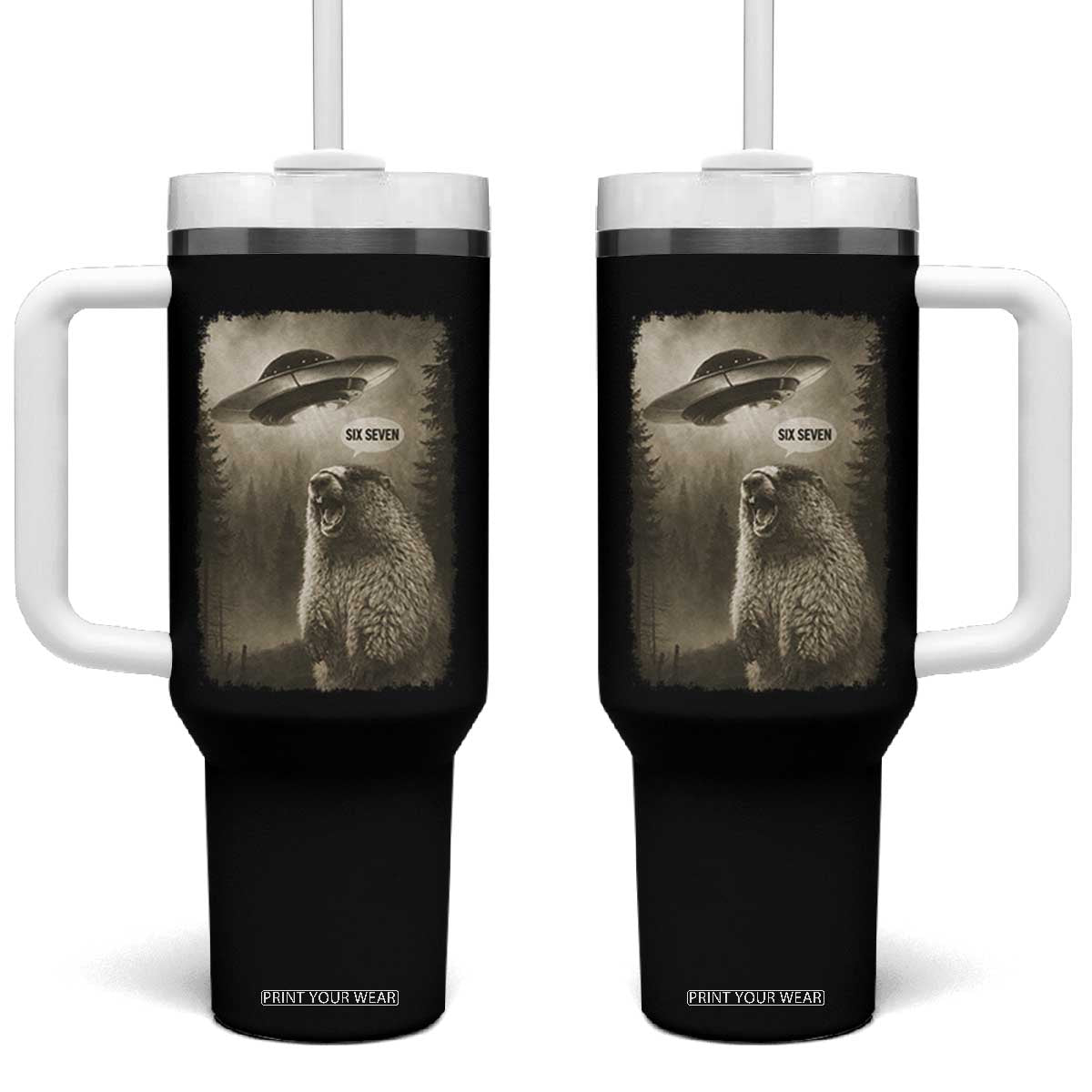 Funny Six Seven Tumbler With Handle Screaming Groundhog UFO Meme TS14 One Size: 40 oz Black Print Your Wear