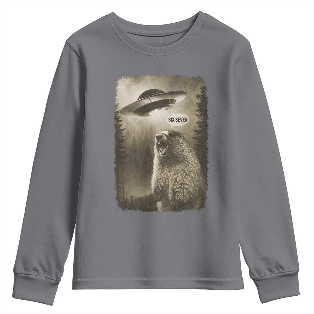 Funny Six Seven Youth Sweatshirt Screaming Groundhog UFO Meme TS14 Charcoal Print Your Wear