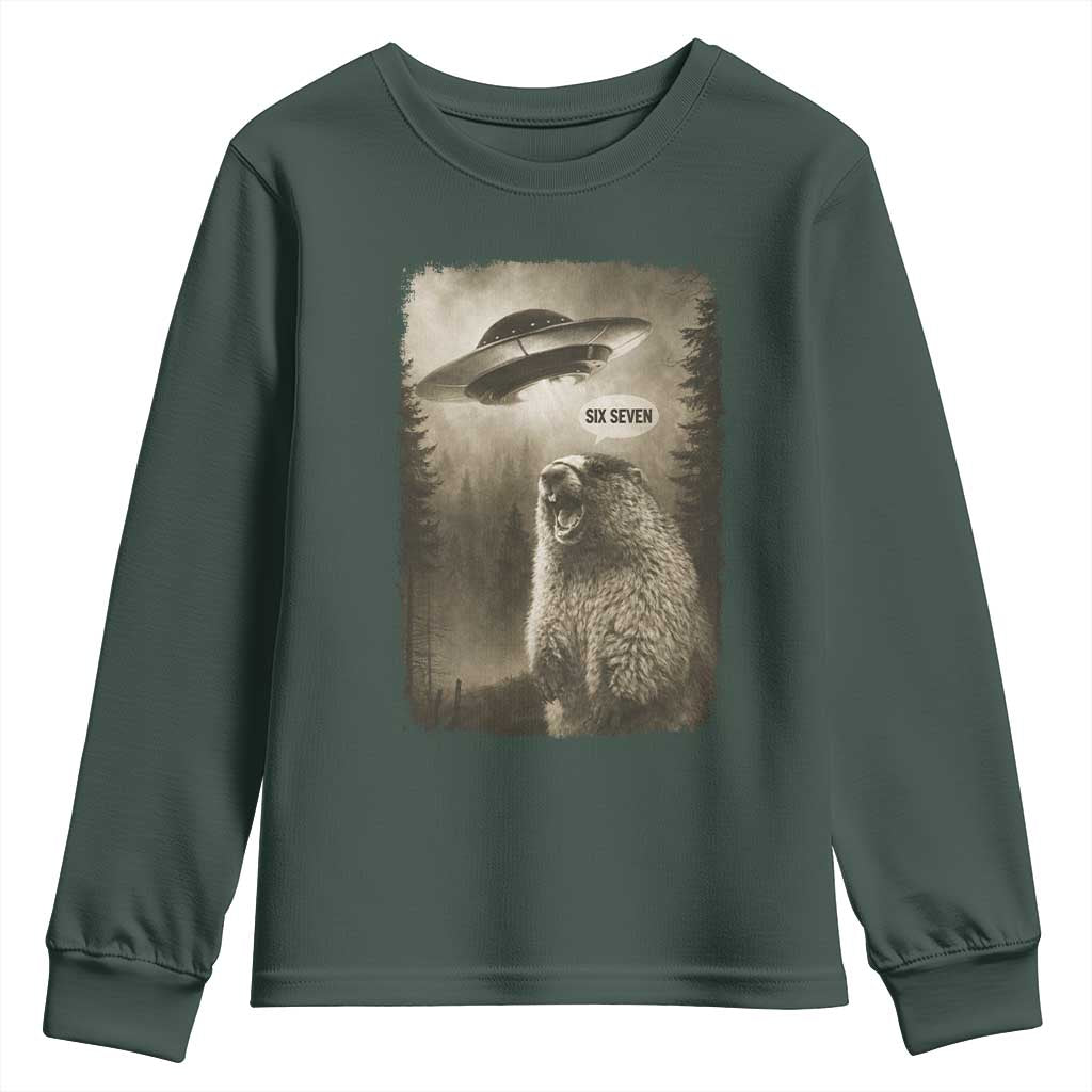 Funny Six Seven Youth Sweatshirt Screaming Groundhog UFO Meme TS14 Dark Forest Green Print Your Wear