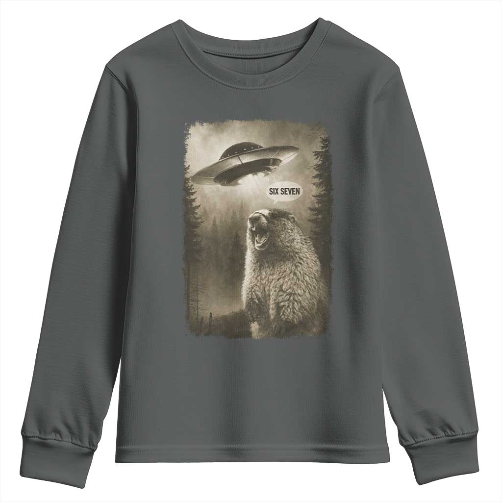 Funny Six Seven Youth Sweatshirt Screaming Groundhog UFO Meme TS14 Dark Heather Print Your Wear