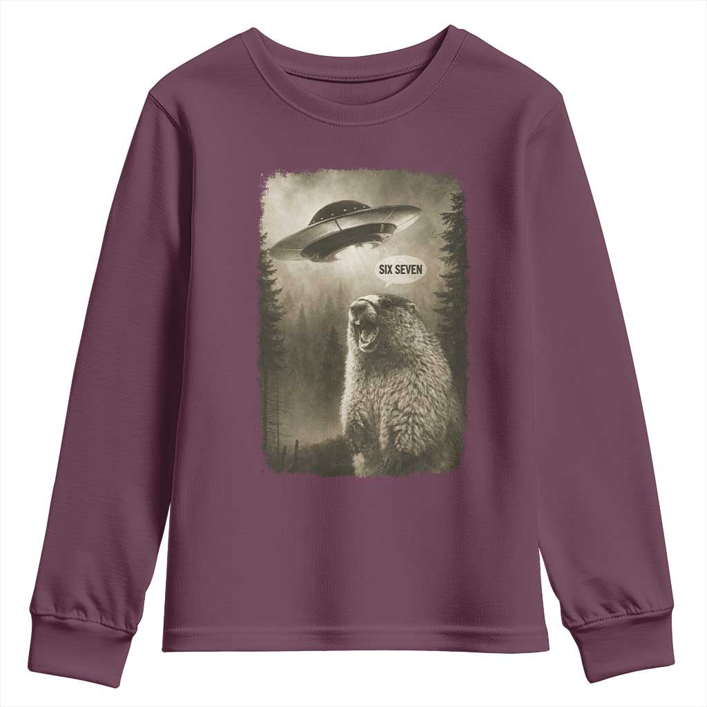Funny Six Seven Youth Sweatshirt Screaming Groundhog UFO Meme TS14 Maroon Print Your Wear