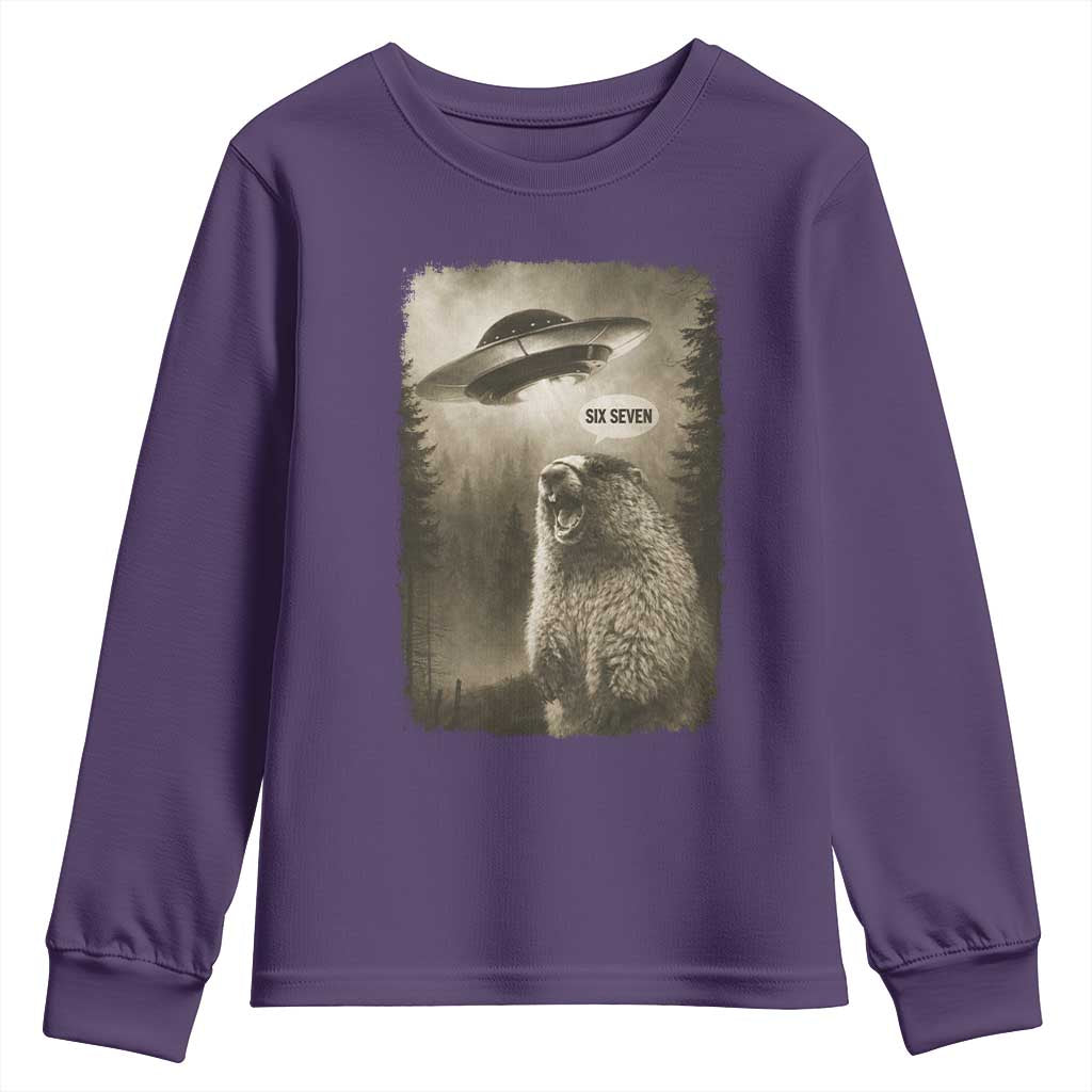 Funny Six Seven Youth Sweatshirt Screaming Groundhog UFO Meme TS14 Purple Print Your Wear