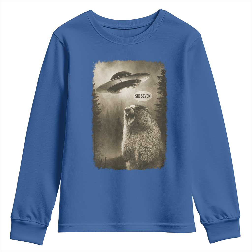 Funny Six Seven Youth Sweatshirt Screaming Groundhog UFO Meme TS14 Royal Blue Print Your Wear