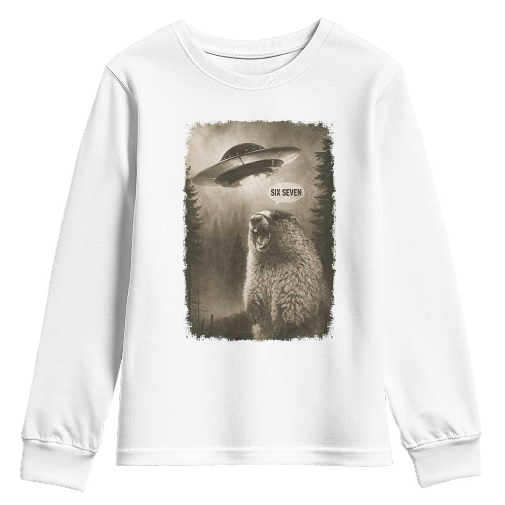 Funny Six Seven Youth Sweatshirt Screaming Groundhog UFO Meme TS14 White Print Your Wear